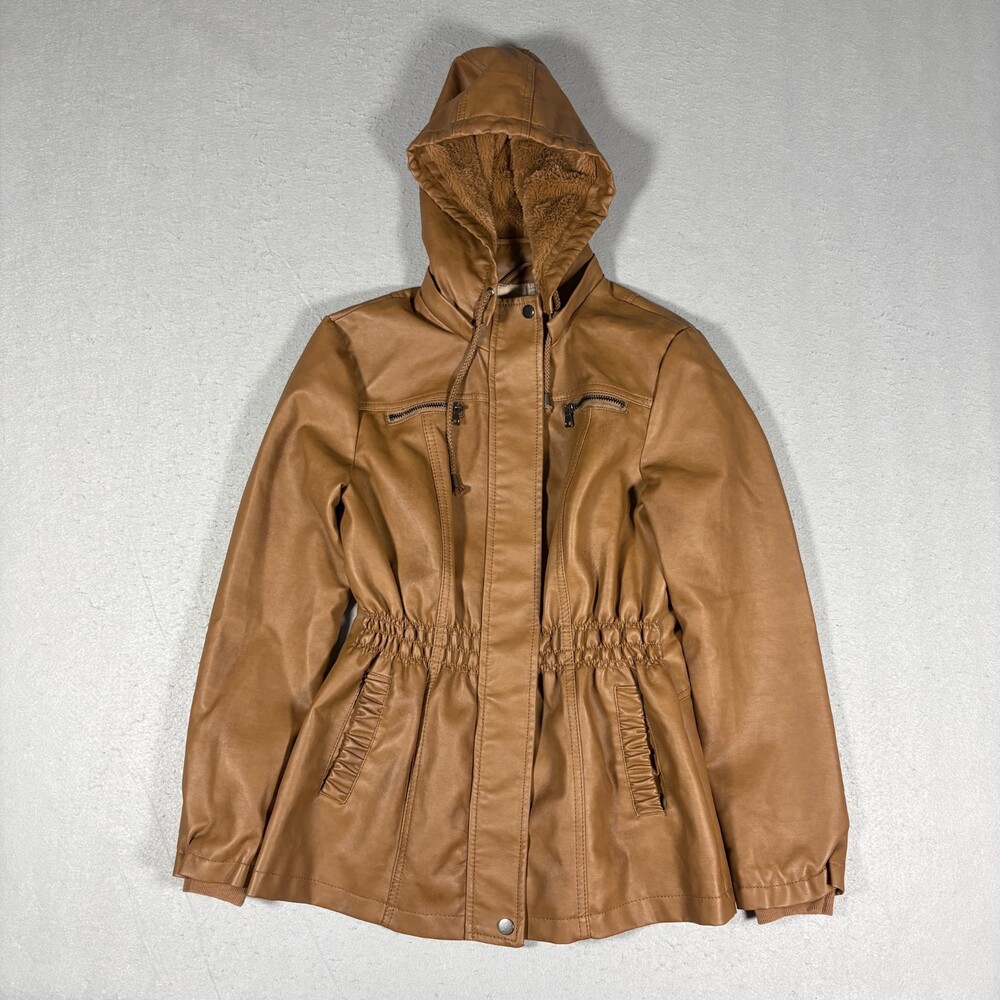 Cavalini Women’s Brown Faux Leather Hooded Jacket Size M Bird Print Lining Y2K